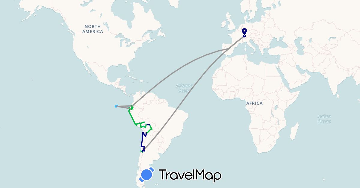 TravelMap itinerary: driving, bus, plane, cycling, train, hiking, boat, other in Argentina, Bolivia, Switzerland, Chile, Ecuador, Spain, Peru (Europe, South America)
